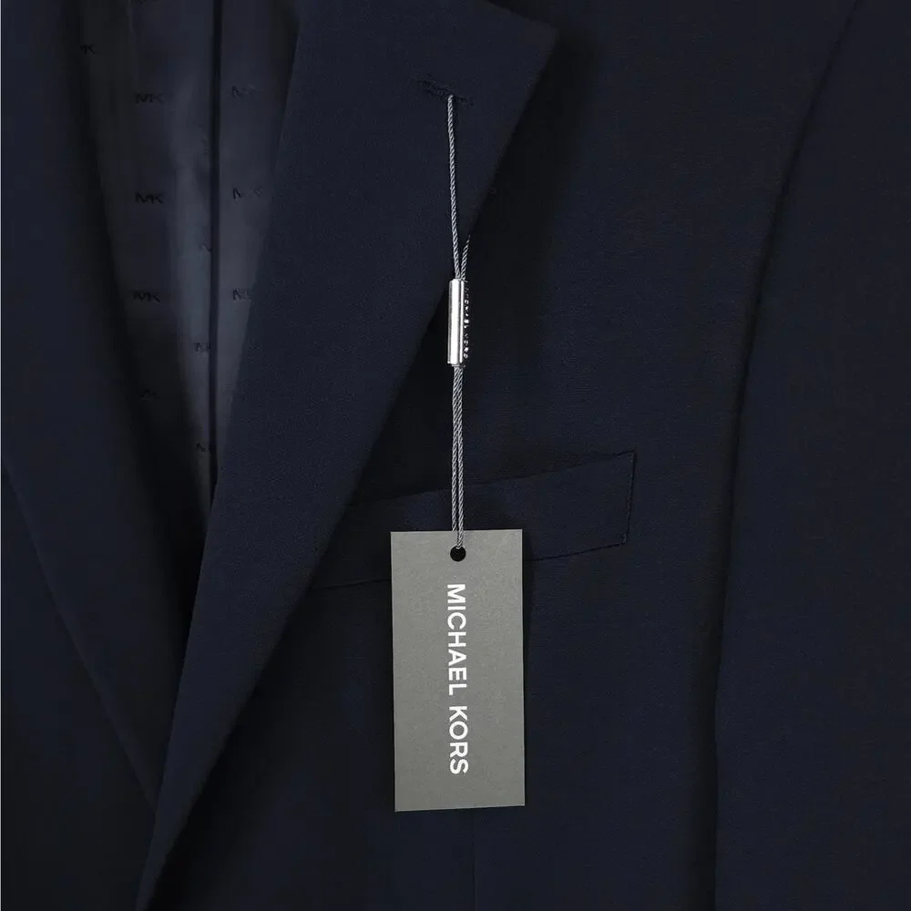 Michael Kors Mens Classic Fit Sport Coat Blazer 44L Navy Solid Textured Stretch